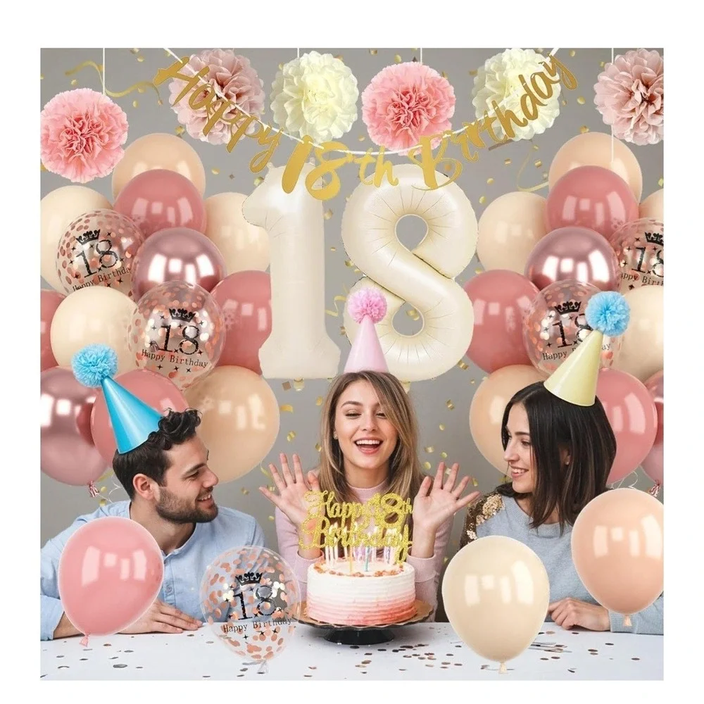 18th Birthday Decorations for Girl Retro Blush Pink Birthday Balloons Happy 1...